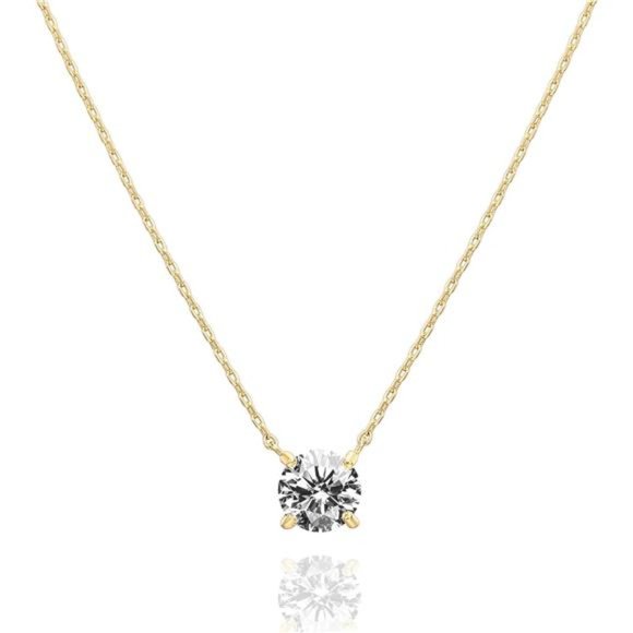 14K Gold Plated Crystal Solitaire 1.5 Carat (7.3mm) CZ Dainty Choker Necklace - Picture 1 of 5